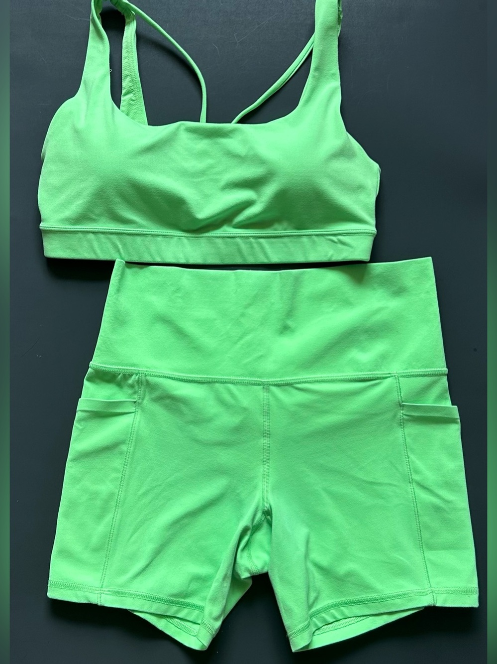 Athleta Lime Green Set — Strappy Bra + High-Waisted Shorts, Size M
